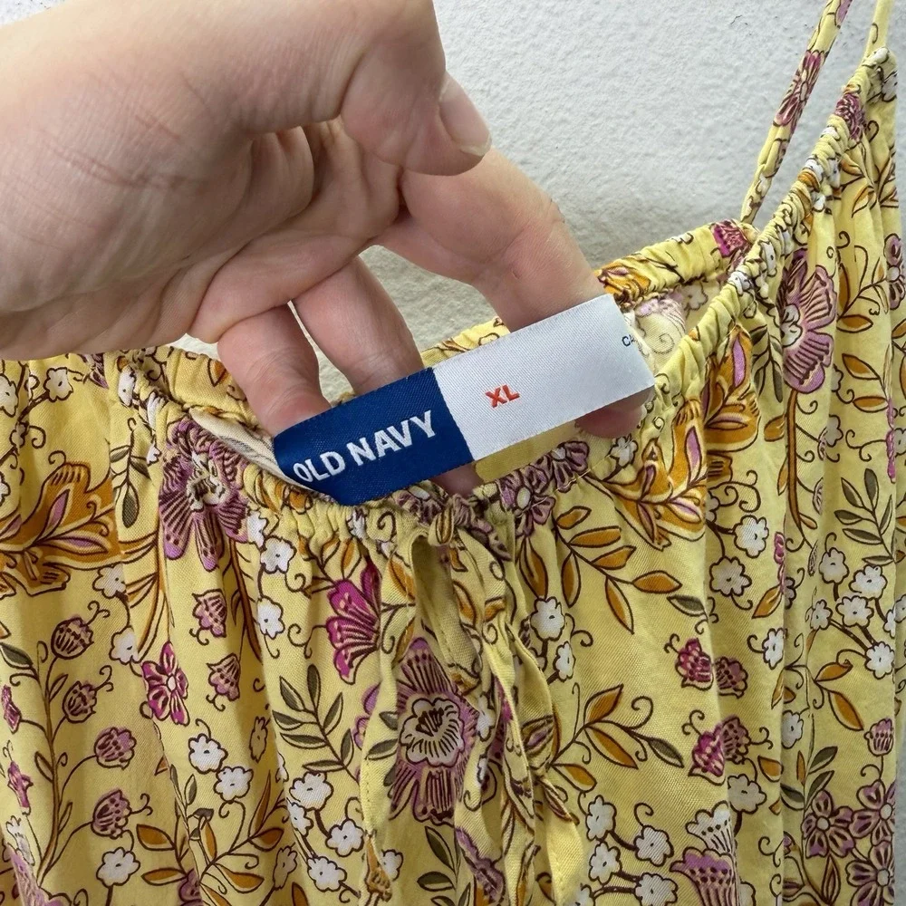 Old Navy Cami Dress Womens XL Yellow Floral Tiered Cottagecore Mini Strappy Tank